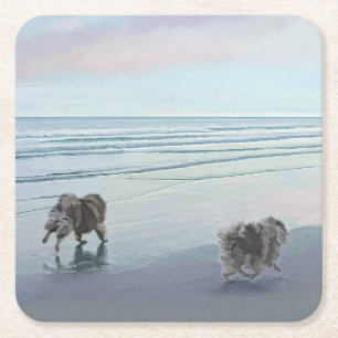 Dessous-de-verre Carré En Papier Keeshonds at the Seashore Peinture Dog Art