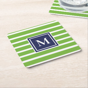 Dessous-de-verre Carré En Papier Kelly Green Stripe moderne Monogram Plage côtière