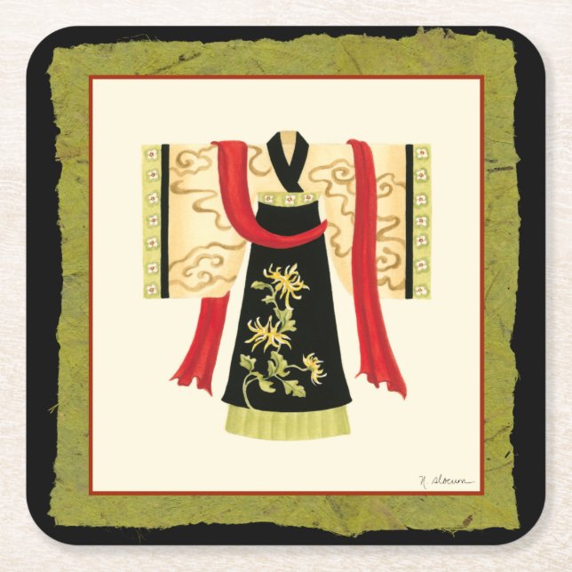 Dessous-de-verre Carré En Papier Kimono japonais traditionnel avec imprimé floral (Devant)