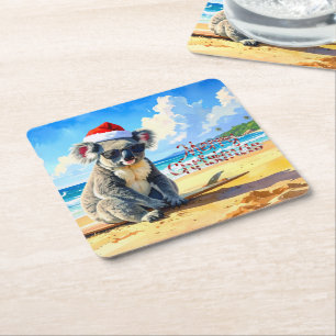 Dessous-de-verre Carré En Papier Koala Casquette de Père Noël Soleil et Surf