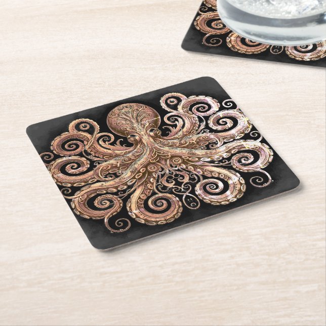 Dessous-de-verre Carré En Papier Kraken Steampunk Octopus Ornate Gold Noir (Incliné)