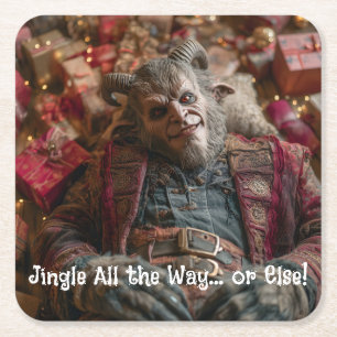 Dessous-de-verre Carré En Papier Krampus Allongé Parmi des Tas de Cadeaux de Noël