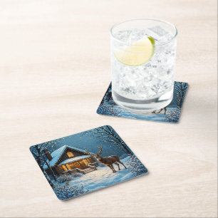 Dessous-de-verre Carré En Papier La visite de Noël enneigée de Big Buck