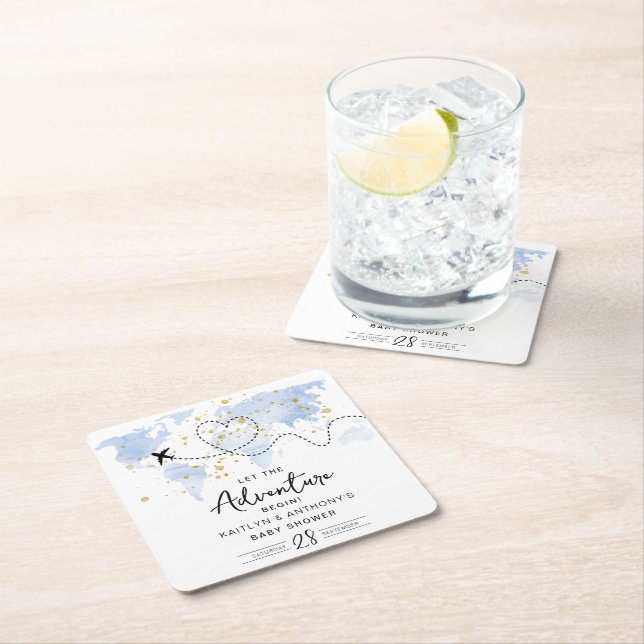 Dessous-de-verre Carré En Papier "Laissons Commencer L'Aventure !" Baby shower Cart (En situation)