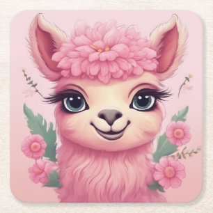 Dessous-de-verre Carré En Papier Lama bébé rose souriant