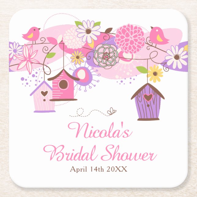 Dessous-de-verre Carré En Papier Lancement de mariage aux cages d'oiseaux florales  (Devant)