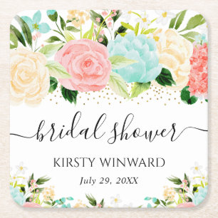 Dessous-de-verre Carré En Papier Lancement de mariage Fleurs Rose et Menthe Aquarel