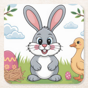 Dessous-de-verre Carré En Papier Lapin de Pâques et caneton dans une prairie printa