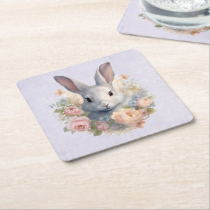 Dessous-de-verre Carré En Papier Lapin entouré de fleurs pastel Mignon