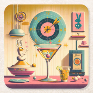 Dessous-de-verre Carré En Papier Lapin Martini Rétro Futuriste du Milieu du Siècle 