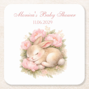Dessous-de-verre Carré En Papier Lapin Mignon Fête de Naissance Pivoine Rose
