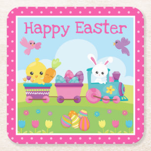 Dessous-de-verre Carré En Papier Lapin mignon, poussin et train d'oeufs en chocolat