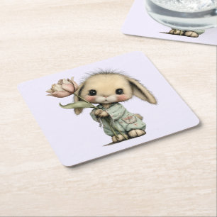 Dessous-de-verre Carré En Papier Lapin mignon tenant une tulipe