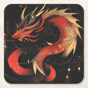 Dessous-de-verre Carré En Papier L'art majestueux du Dragon chinois rouge et or