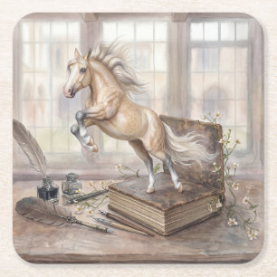 Dessous-de-verre Carré En Papier Le Cheval Savant Jaillissant d'un Livre