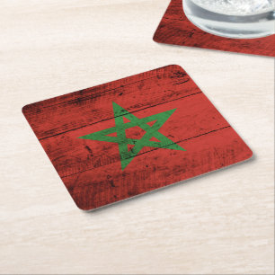 Dessous-de-verre Carré En Papier Le drapeau marocain sur le vieux grain de bois