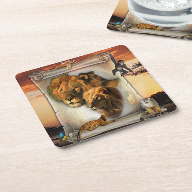 Dessous-de-verre Carré En Papier Le lion de la faune africaine (Incliné)