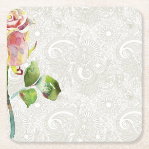 Dessous-de-verre Carré En Papier Le motif floral fleuri avec l'aquarelle rose s'est