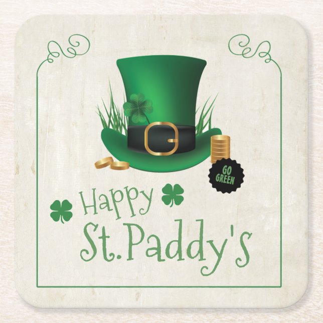 Dessous-de-verre Carré En Papier Leprechaun Casquette Happy St. Paddy's ID636 (Devant)