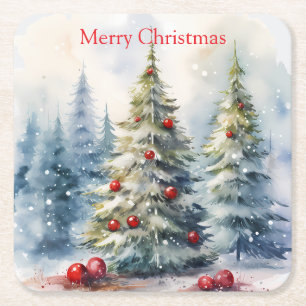 Dessous-de-verre Carré En Papier Les arbres de Noël paysage enneigé hiver