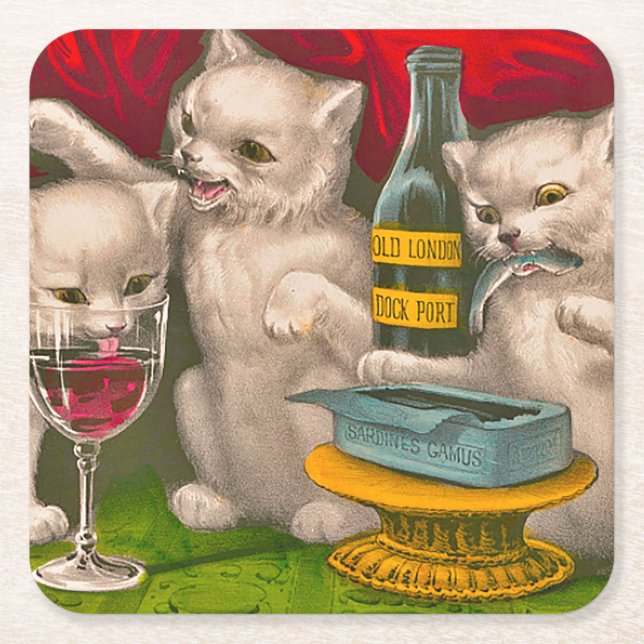 Dessous-de-verre Carré En Papier Les chatons boivent et mangent du poisson sardine (Devant)