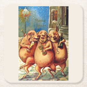 Dessous-de-verre Carré En Papier Les cochons français fêtent le Nouvel An Vintage