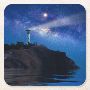 Dessous-de-verre Carré En Papier Les phares   Phare de nuit étoilé