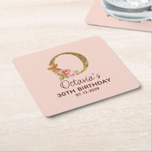 Dessous-de-verre Carré En Papier Lettre O Monogramme Or Roses Rose Pâle