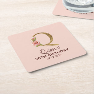 Dessous-de-verre Carré En Papier Lettre Q Monogramme Or Roses Rose Pâle