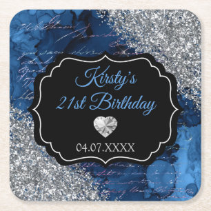 Dessous-de-verre Carré En Papier Lettres de Sirène Bleue Paillettes Argentées Anniv