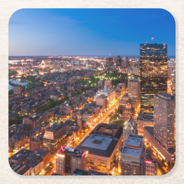 Dessous-de-verre Carré En Papier L'horizon de Boston au crépuscule (Devant)