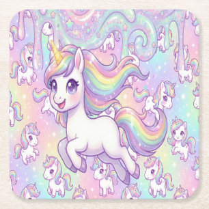 Dessous-de-verre Carré En Papier Licorne Mignonne Kawaii Arc-en-Ciel Pastel Magique
