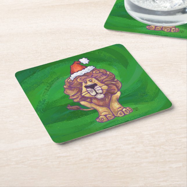 Dessous-de-verre Carré En Papier Lion Christmas on Green (Incliné)
