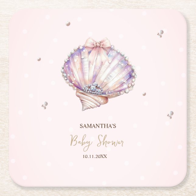 Dessous-de-verre Carré En Papier Little Pearl Seashells Diamonds Dots Baby Shower (Devant)
