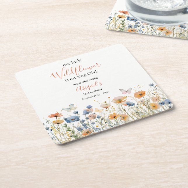 Dessous-de-verre Carré En Papier Little Wildflower Butterfly Meadow 1st Birthday (Incliné)