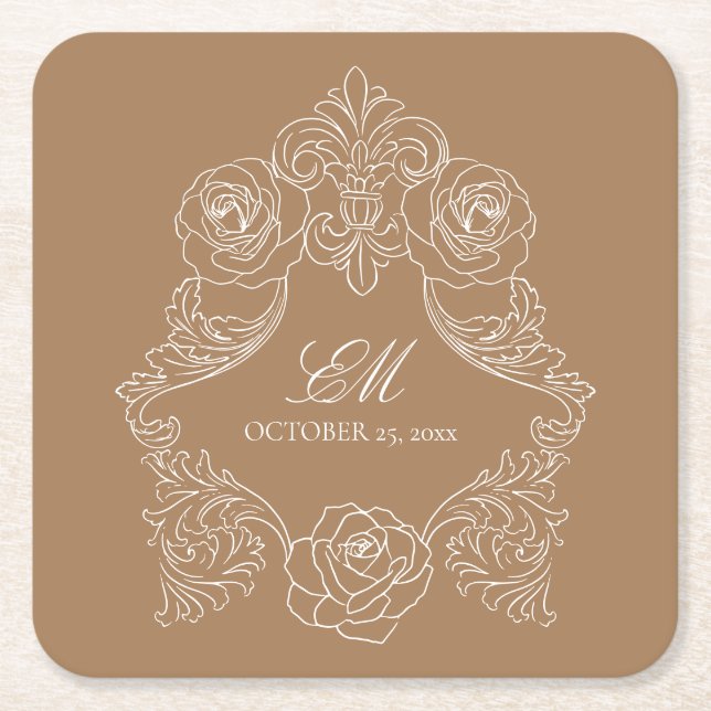 Dessous-de-verre Carré En Papier Logo du Mariage Monogram Crest Brown doré (Devant)