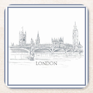 Dessous-de-verre Carré En Papier Londres Skyline Avec Big Ben Blue Ink Sketch