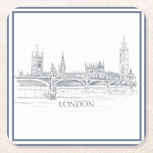Dessous-de-verre Carré En Papier Londres Skyline Avec Big Ben Blue Ink Sketch (Devant)