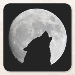 Dessous-de-verre Carré En Papier Loup foncé et une Pleine lune à la nuit