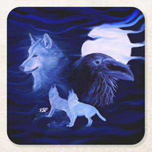 Dessous-de-verre Carré En Papier Loups et corbeau avec pleine lune