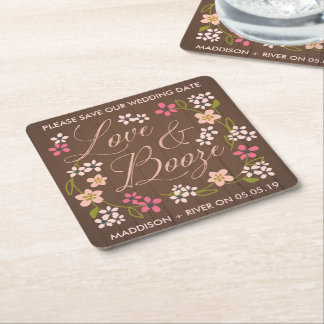 Dessous-de-verre Carré En Papier Love & Booze Save the Date Dessous de verre