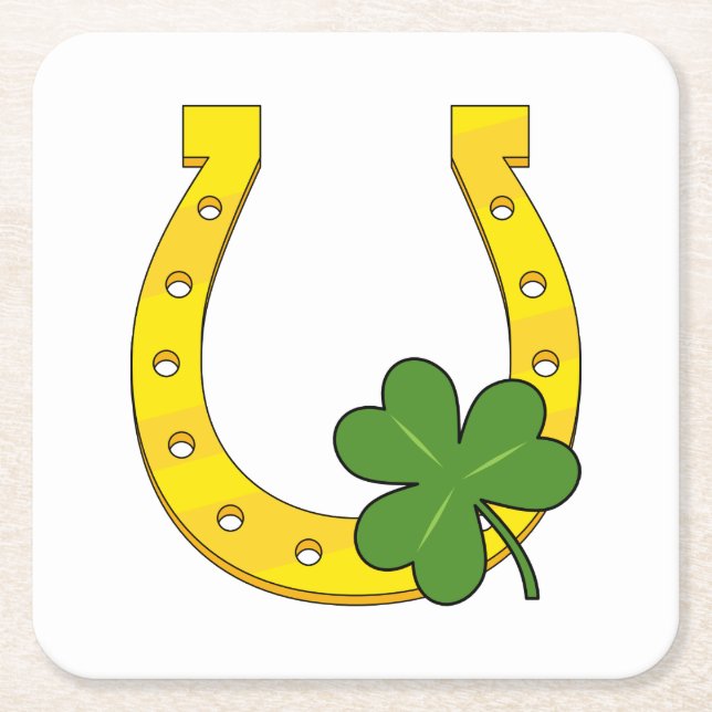 Dessous-de-verre Carré En Papier Lucky Golden Horseshoe avec Shamrock en blanc (Devant)