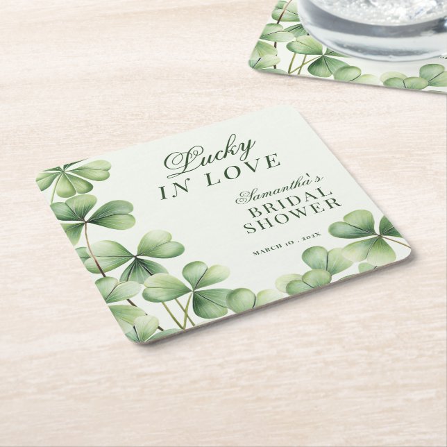 Dessous-de-verre Carré En Papier Lucky in Love Green Shamrock Bridal Shower  (Incliné)