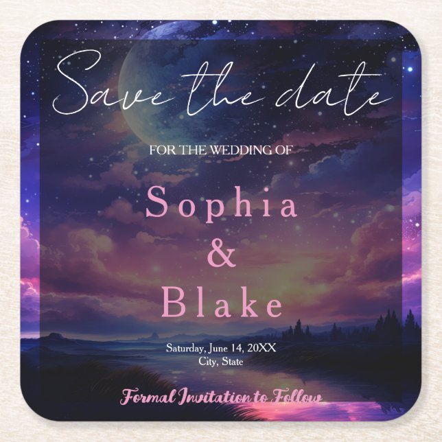 Dessous-de-verre Carré En Papier Lune Céleste Pleine Étoiles Mariage Enregistrez la (Devant)