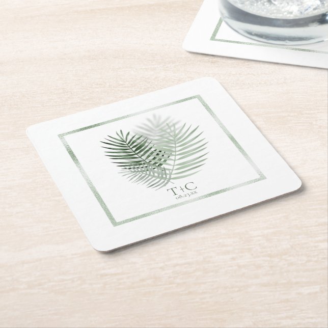 Dessous-de-verre Carré En Papier Lush Palm Leaf Mariage Moss Green/White ID956 (Incliné)