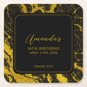 Dessous-de-verre Carré En Papier Luxueux Marbre Noir & Or Sweet 16 Anniversaire