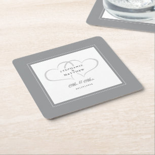 Dessous-de-verre Carré En Papier M & Mme Gray & White Elegant Cœurs Mariage Chic