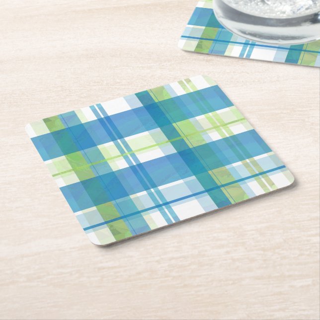 Dessous-de-verre Carré En Papier Madras Plaid Green et Blue (Incliné)