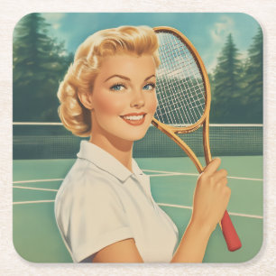 Dessous-de-verre Carré En Papier Magazine des années 1950 Illustration Tennis Woman