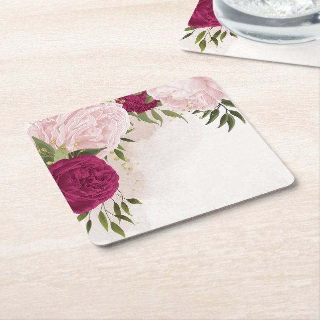 Dessous-de-verre Carré En Papier magenta et fleurs roses verdure mariage (Incliné)